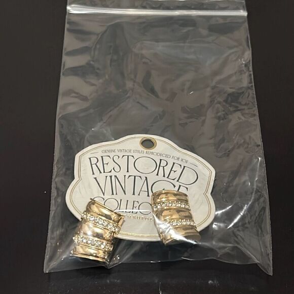 Anthropologie Restored Vintage Crystal Encrusted Curved Earrings 14K Gold Plate - Picture 8 of 8